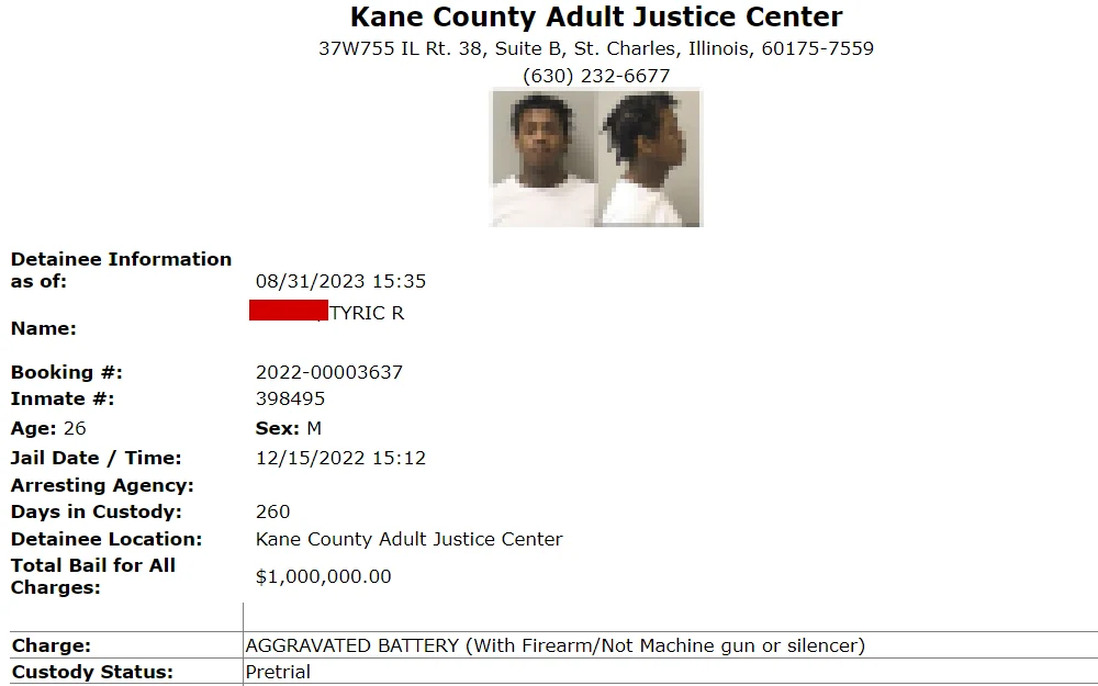 A screenshot showing the detainee information from the Kane County Adult Justice Center with mugshots, full name, booking and inmate number, age, jail date/time, arresting agency and charge information.