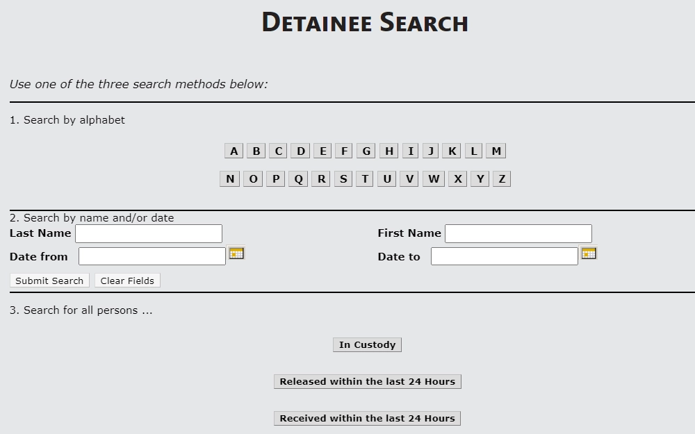 A screenshot of the detainee search from the Kane County Sheriff's Office website shows the three options to search for an offender such as "Search by alphabet," "Search by name or date," and "Search for all persons in custody."