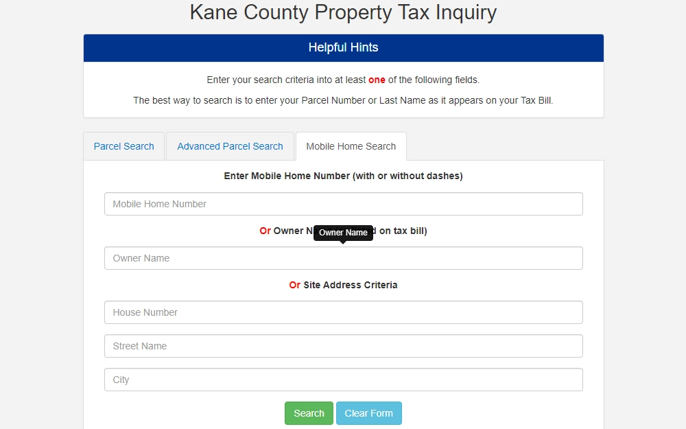 A screenshot showing the Kane County Property Tax Inquiry displays three options to search: by parcel search, advanced parcel search, and mobile home search -- for mobile home search, the searcher can search by mobile home number, owner name, or through site address; the search and clear buttons are displayed at the bottom of the image.