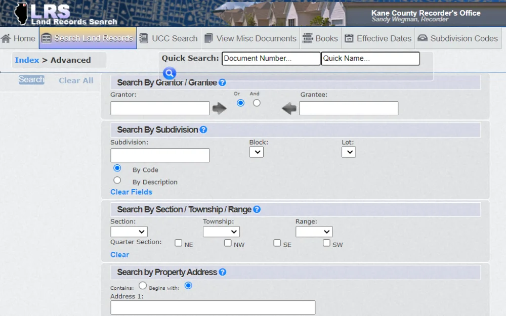 Screenshot of the land record advanced search page offered by the Kane County Sheriff's Office showing the available options to search, such as by grantor/grantee, by subdivision, by section/township/range, and by property address; a quick search option is also available, where the searcher must provide the document number or name.