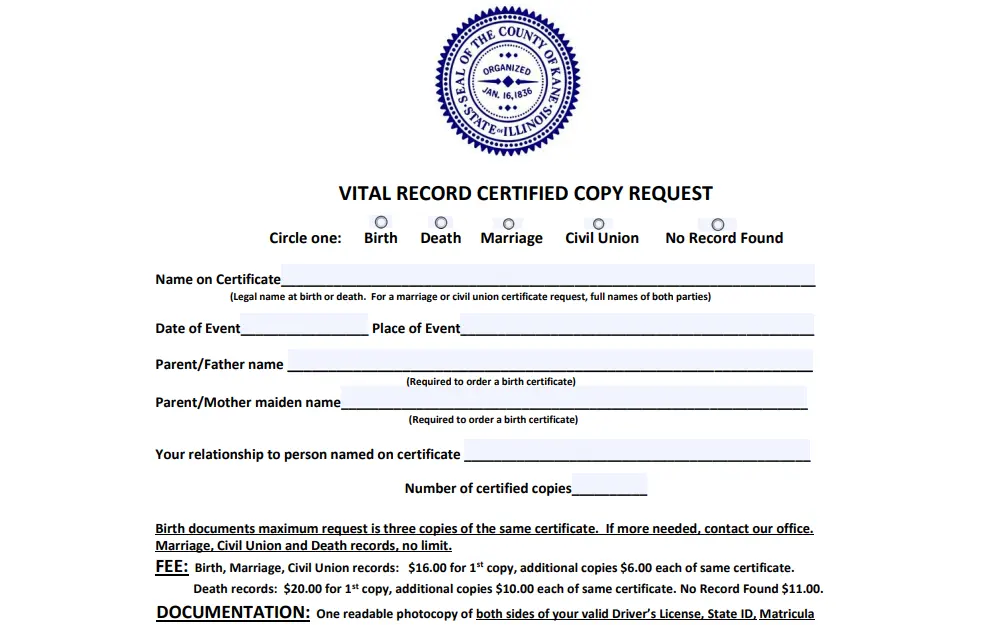 A screenshot of the certified copy request form for vital records, with required fields and the seal of Kane County at the top.