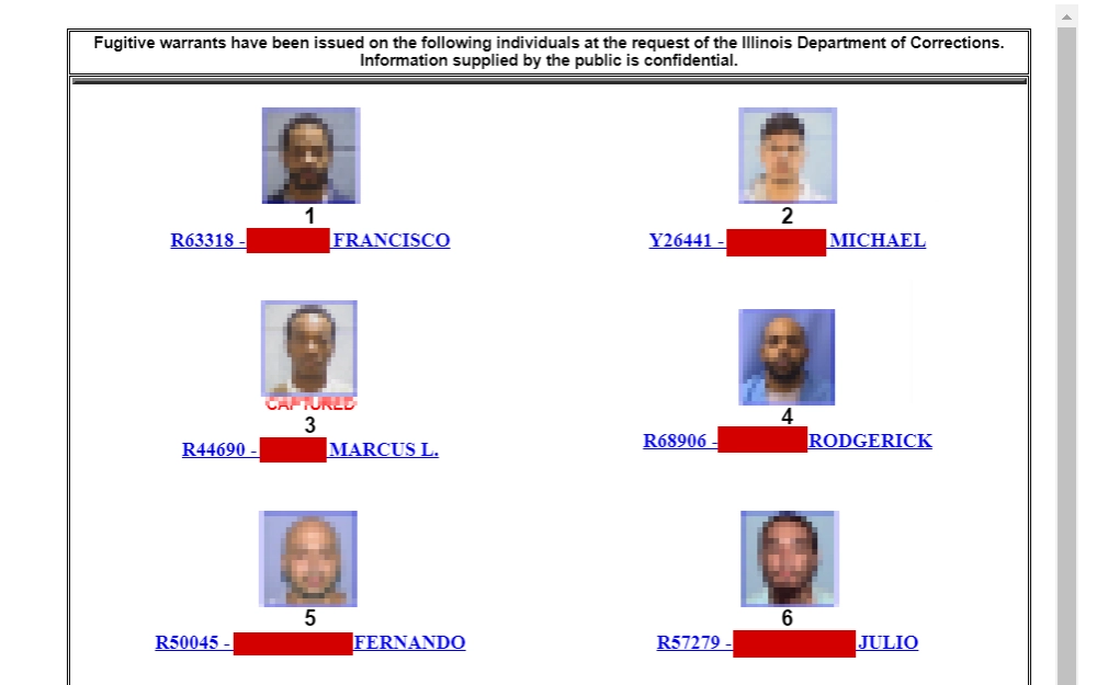 A screenshot showing the list of fugitive individuals in the state of Illinois with their mugshots, full names, and a link attached to the names to view more information about the offender.