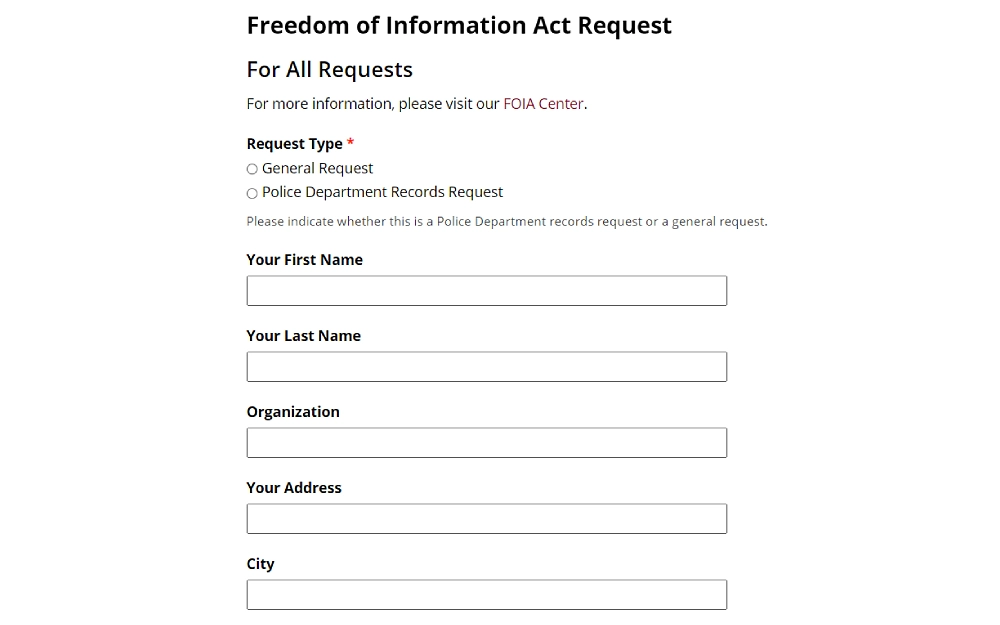 A screenshot displaying a freedom of information act request requiring information such as request type, first name, last name, organization, address, city and others.