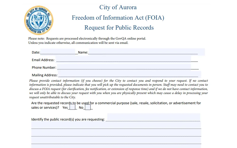 Screenshot of a public records request form of Aurora city with spaces dedicated to the requestor's name, address, contact information, and request description.