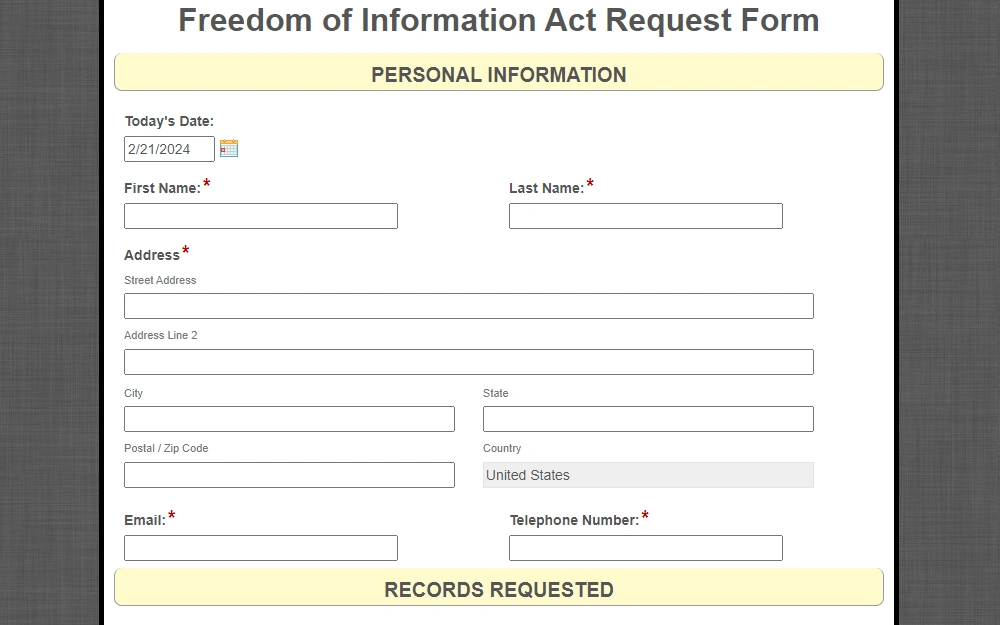 Screenshot of the FOIA request form from the sheriff's office showing the fields to fill in the interested individual's personal information, including name, address, contact information, and the requested records.