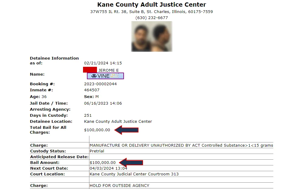 Screenshot of a detainee's information summary from the sheriff's office displaying the case and charge information, including the bail amount.