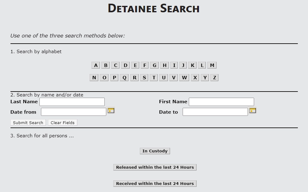 Screenshot of the search tool for detainees in Kane County showing various search options by alphabet, name, date, or other options.