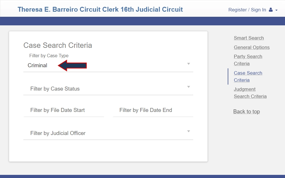 Screenshot of the Kane County smart search tool showing the case search criteria section, emphasizing the case type.