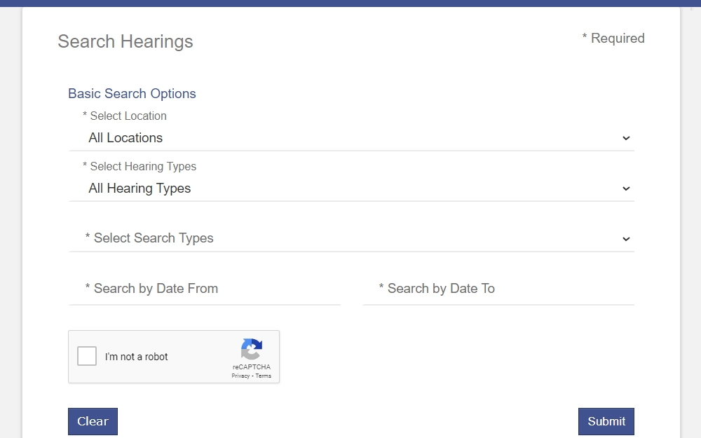 Screenshot of the Smart Search portal dedicated for case hearings from the Circuit Court Clerk of Kane County with fields provided for the hearing date range, and drop down menus for location, hearing type, and search type.