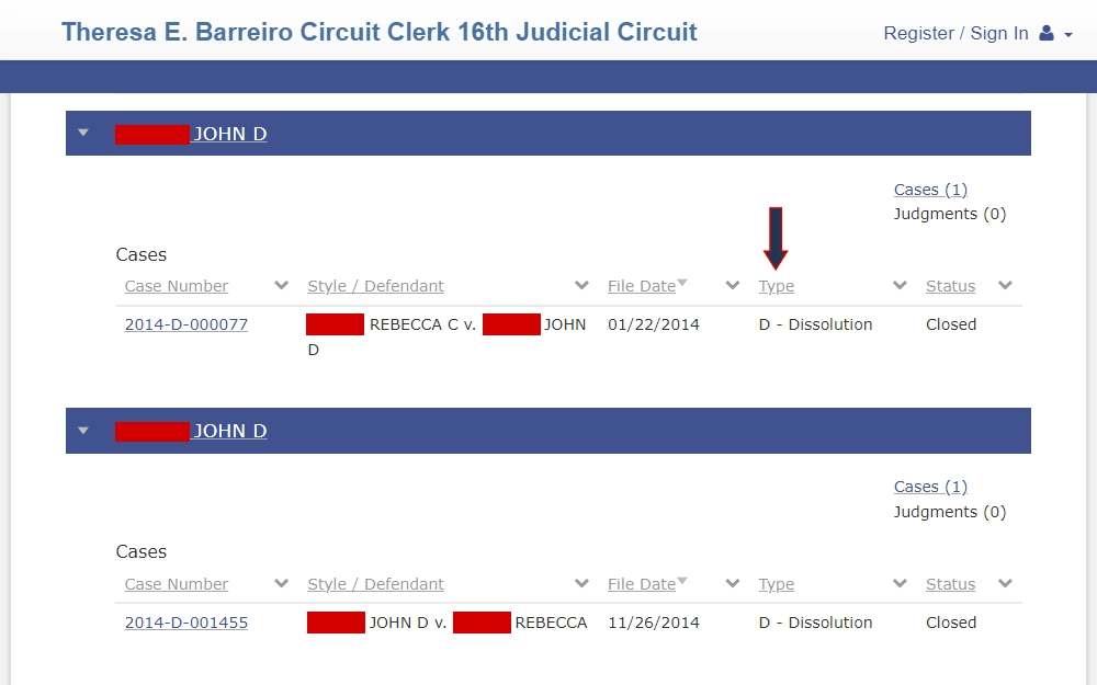 Screenshot of the case search results from the portal provided by the Circuit Court Clerk of Kane County, displaying the names of parties, case numbers, file dates, case types, and status, with an arrow highlighting the "Type" column.
