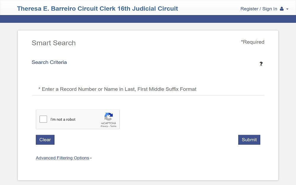 A screenshot of the smart search offered by Theresa E. Barreiro, Circuit Clerk 16th Judicial Circuit, where the searcher has to provide the record number or name and complete the captcha to proceed with the search; the filtering option is displayed at the bottom.