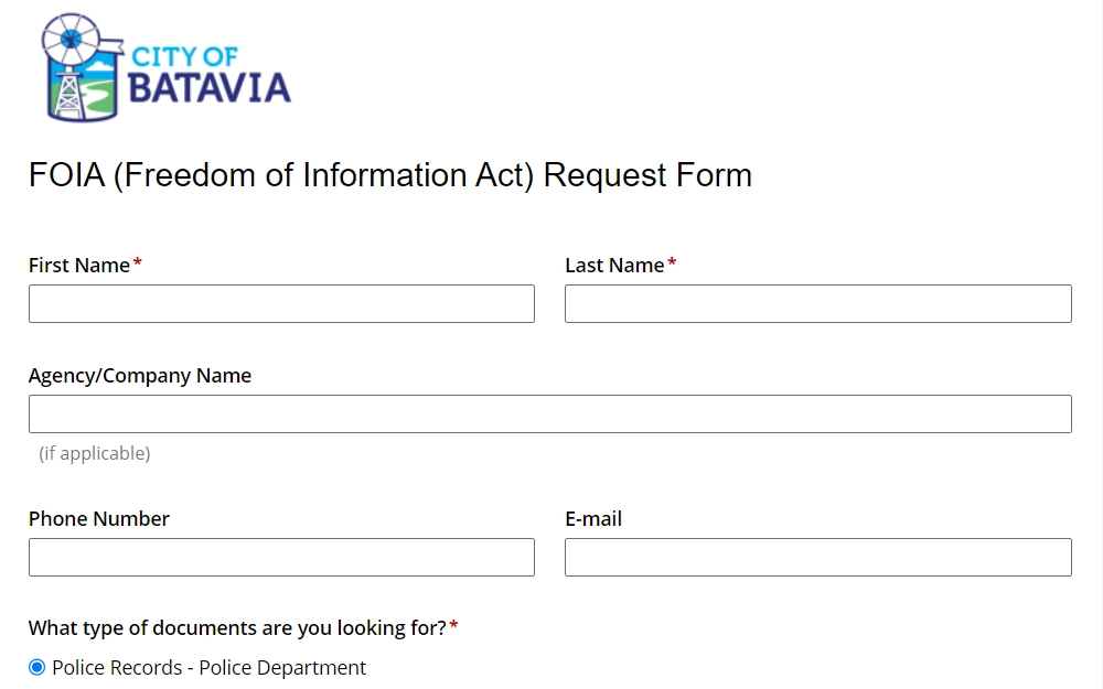 A screenshot of the City of Batavia, Illinois' FOIA or Freedom of Information Act Request Form that interested individuals may fill out and submit to get a copy of a police report of a certain arrestee.