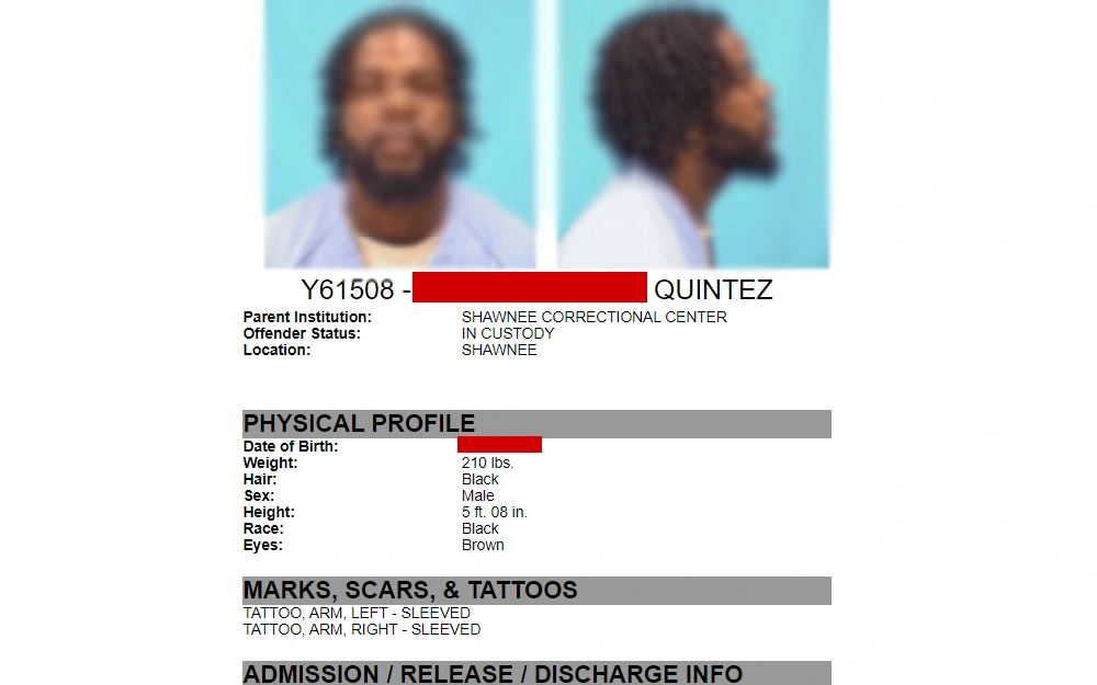 A screenshot of a sample inmate's records taken from a search done through the Individual in Custody tool of the Illinois Department of Corrections showing the individual's mugshots, parent institution, custody status, location, physical profile, marks, scars and tattoos, as well as, admission, release, and discharge info.