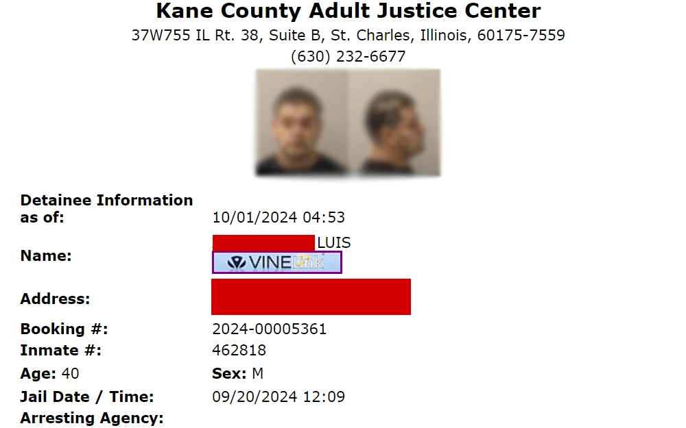 A screenshot of the sample arrestee's information provided by the Kane County Sheriff's Office with the individual's mugshots, full name, address, booking #, inmate #, age, jail date and time, arresting agency, etc.